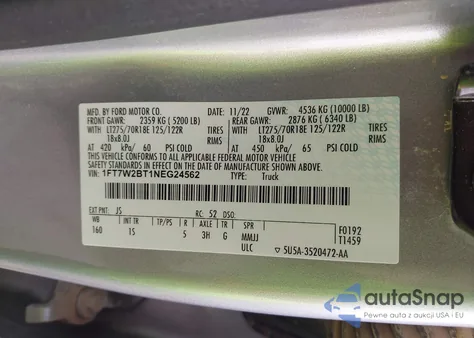 2022 Ford F-250 Xl из США, поврежденный, VIN 1FT7W2BT1NEG24562